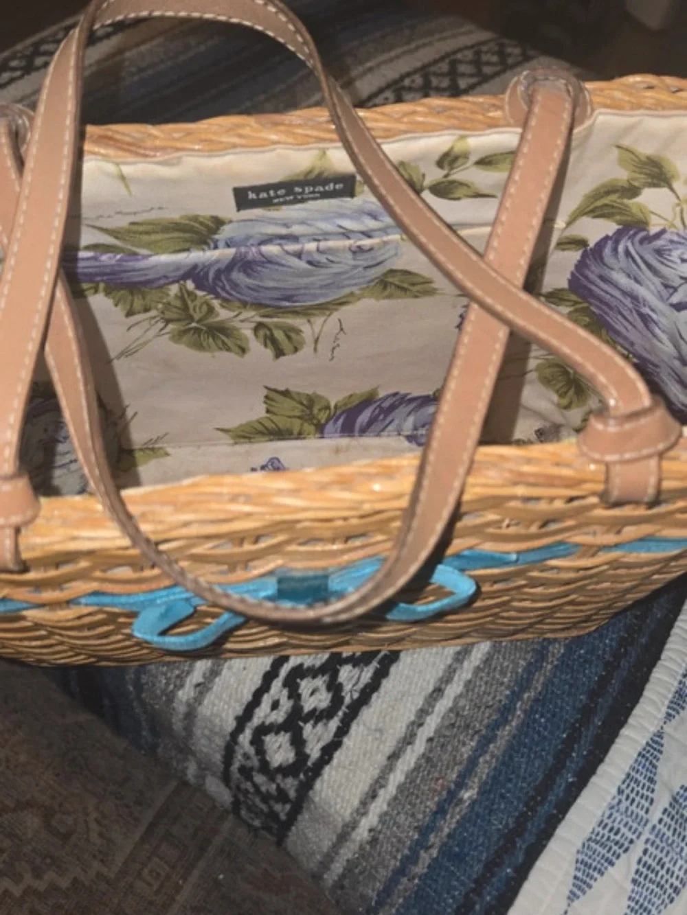 KATE SPADE Tan Woven Wicker basket Tote with Teal Ribbon